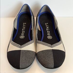 Rothy's Black and Cream Loafers with Blue Trim